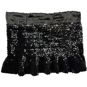 VTG Black Sequin Mini Skirt Ruffle Hem Satin‎ Waist Large USA party glam Y2K